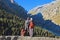 Tourist couple in Ala-Archa valley, Kyrgyzstan.