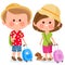 Tourist couple with suitcases. Vector illustration