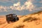 Tourist escapade Yellow sand dunes with a Jeep car