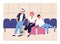 Tourist family sitting on suitcases at waiting hall vector flat illustration. Mother, father and son wait flight