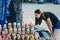 Tourist girl buys souvenirs on the street in the city of Vyborg, Leningrad region