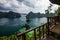 Tourist goes up to Puncak Harfat viewpoint, Raja Ampat , Indonesia