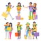 Tourist group of happy people goes to vacation. Couple or family with kids in traveling. Vector illustration