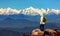 Tourist hiker enjoy view of the Himalaya mountain range at Uttarakhand Indiae from Binsar Uttarakhand India.
