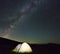 Tourist hikers tent in mountains at night with milky way stars i