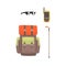 Tourist hiking backpack, sunglasses, radio and ski pole, mountaineering equipment vector Illustration