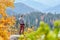 Tourist hiking in Sequoia National Park at autumn