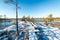 Tourist hiking trail in woods in winter