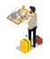 Tourist holding folded city map with location pin, vector isometric illustration. Travel route, tourism, destination.