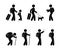 Tourist icon, travel with children, traveler with a dog, stick figure people pictograms, character set