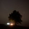 Tourist illuminated tent near big tree, camping in mountains at night under starry sky