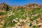 Tourist indian landmark Ancient ruins in Hampi.