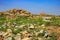 Tourist indian landmark Ancient ruins in Hampi.