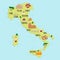 Tourist infographics about America. National symbols. Famous attractions. Cartoon map with Italian temples, dishes, trees. Colored