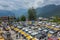 Tourist jeeps parking Pelling, Sikkim, Northern India.