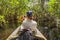 Tourist kayaking in mangrove forest in Everglades Florida, USA