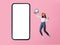 Tourist Lady Near Cellphone Screen Jumping Holding Globe, Pink Background