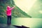 Tourist looking at mountains and fjord Norway, Scandinavia.