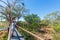 Tourist looking at panorama with binocular from viewpoint over the Olifants river, scenic and colorful landscape with wildlife in