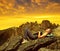 Tourist lying on a rock in Dolomites