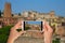 Tourist makes a photo of troyan market in Rome