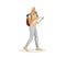 Tourist male character walking and holding map. Traveler man with backpack going hiking and looking route. Backpacker
