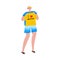 Tourist man in blue shorts is photographed with a yellow t-shirt in his hands. Vector illustration in flat cartoon style