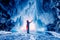 Tourist man in Ice blue cave or grotto on frozen lake Baikal. Concept beautiful adventure travel winter landscape with