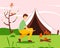 Tourist man warming his hands by the fire. The concept of an active lifestyle, Hiking, outdoor recreation. Cute spring