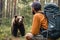 A tourist met a brown bear in the forest Generative AI