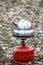 A tourist metal kettle stands on a red tourist burner in a forest on the ground