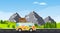 Tourist minivan rides in the mountains. Cartoon minivan with suitcases rides against the backdrop of a mountain landscape. The