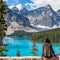 Tourist at Moraine Lake in Banff National Park, Alberta, Canada