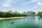 Tourist motorized rafts on the Li River with azure water