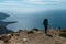 Tourist in the mountains, panoramic landscape of the Turkish mountains and the sea