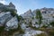 Tourist path with beautiful dolomite landscape in the background, Dolomites, Italy