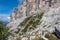 Tourist path with beautiful dolomite landscape in the background, Dolomites, Italy