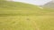 Tourist people hiking on summer meadow in green mountain valley aerial view