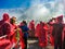 Tourist people on voyage boat tour to the falls, pov