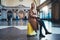 Tourist photographer woman with suitcase on platform station in Barcelona. Girl traveler waiting train enjoy holiday weekend