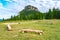 Tourist pointer placed on meadow near Maly Rozsutec mountain in Slovakia national park Mala Fatra