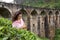 A tourist poses in a tea plantation near the famous nine-arch bridge in Sri Lanka. Tourism in picturesque places