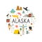 Tourist poster with animals and landmarks of Alaska