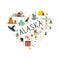 Tourist poster with animals and landmarks of Alaska