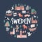 Tourist poster with famous destinations and landmarks of Sweden. Explore Sweden concept image