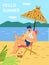 Tourist reads book on beach, man relaxing, resting on beach, vector flat illustration.