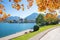 Tourist resort Rottach-Egern, colorful autumnal branches, view from the lakeside road tegernsee