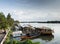 Tourist restaurant boats at riverside in central kampot town cam