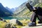 Tourist resting at Gaube lake. Pyrenees mountain.