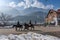 Tourist riding horses in winter season at Pahalgam town